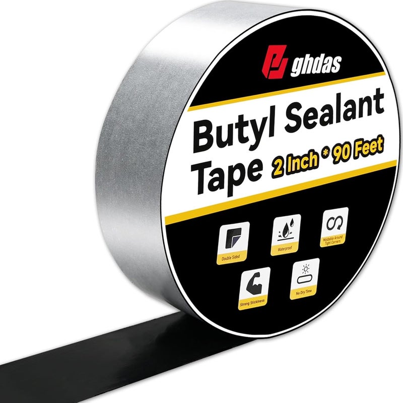 Bghdas - 1 Pack Butyl Sealant Tape 2" X 90' - Double Sided - Black Vapor Barrier Butyl Tape for Wall of Crawl Space, Rv Windows, Deck Boat, Crawlspace (Waterproof, Weatherproof) - Image 1